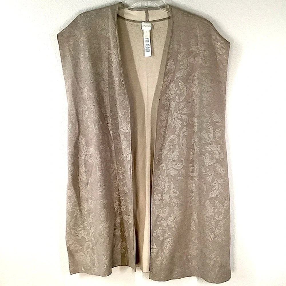 CHICO'S Reversible Open Sweater Vest XL Longer Neutral Floral Travel Work Office